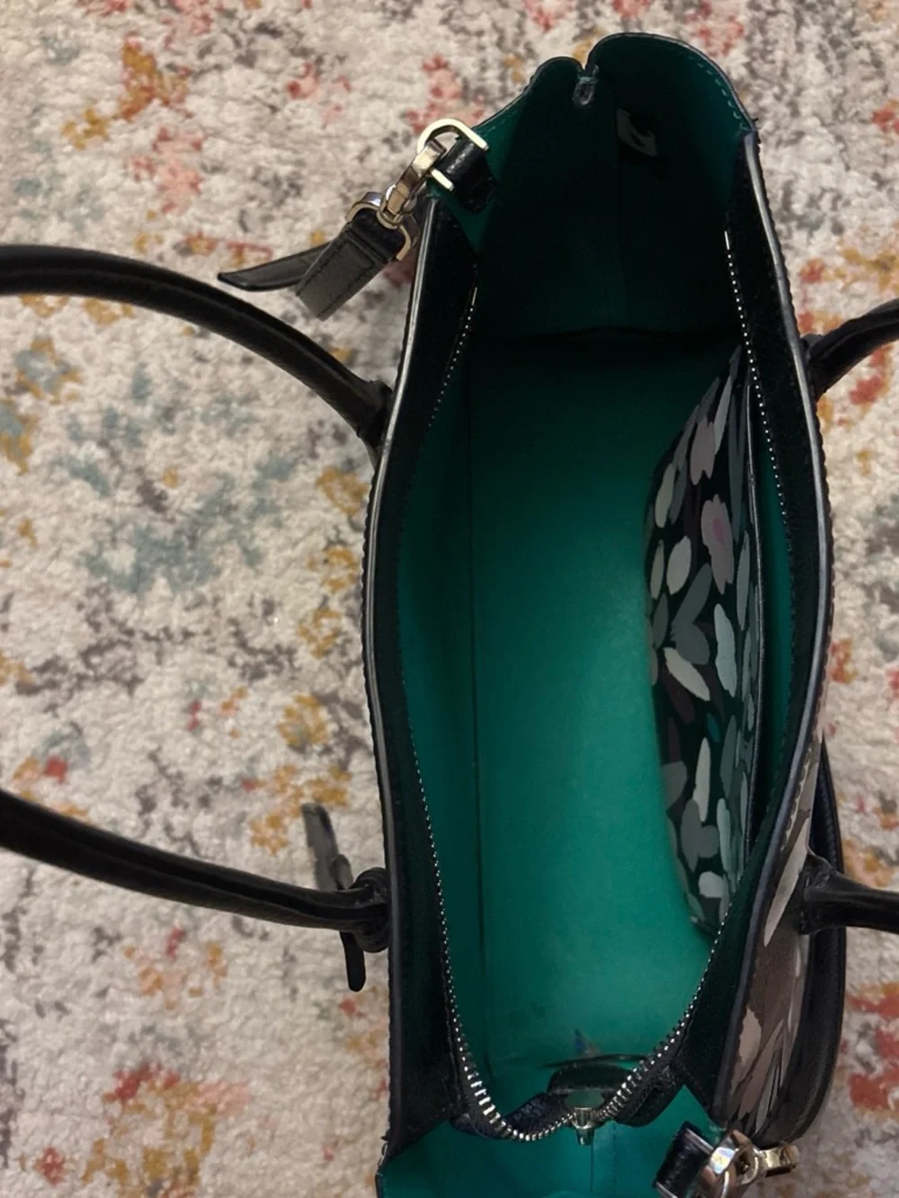 kate spade Black Floral-Abstract Leather Tote with Pink and Gray Accents